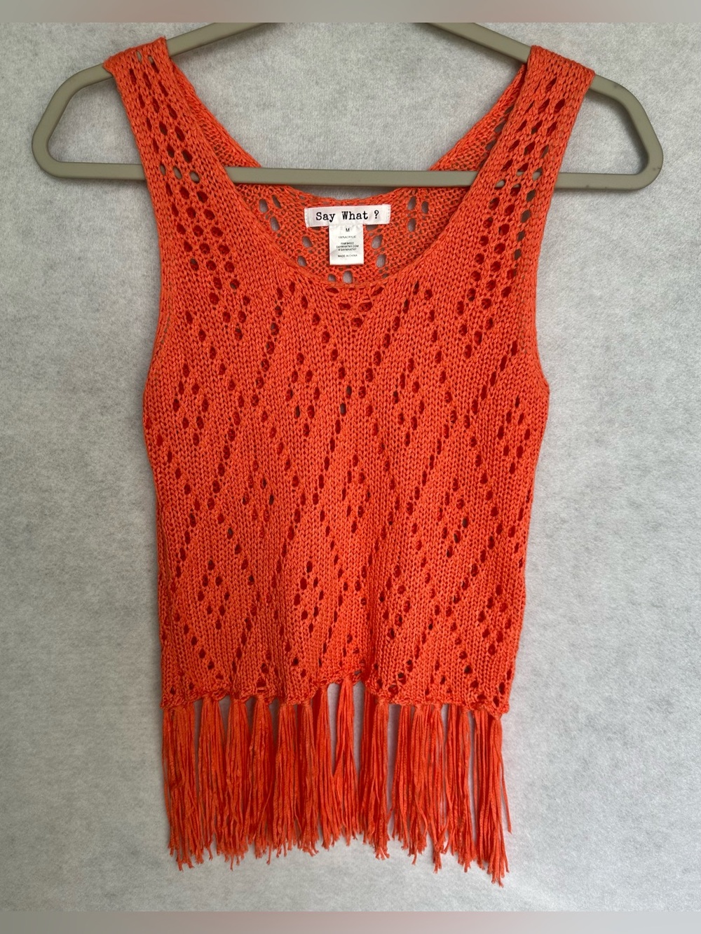Say What? Coral Orange Crochet Fringe Tank Top